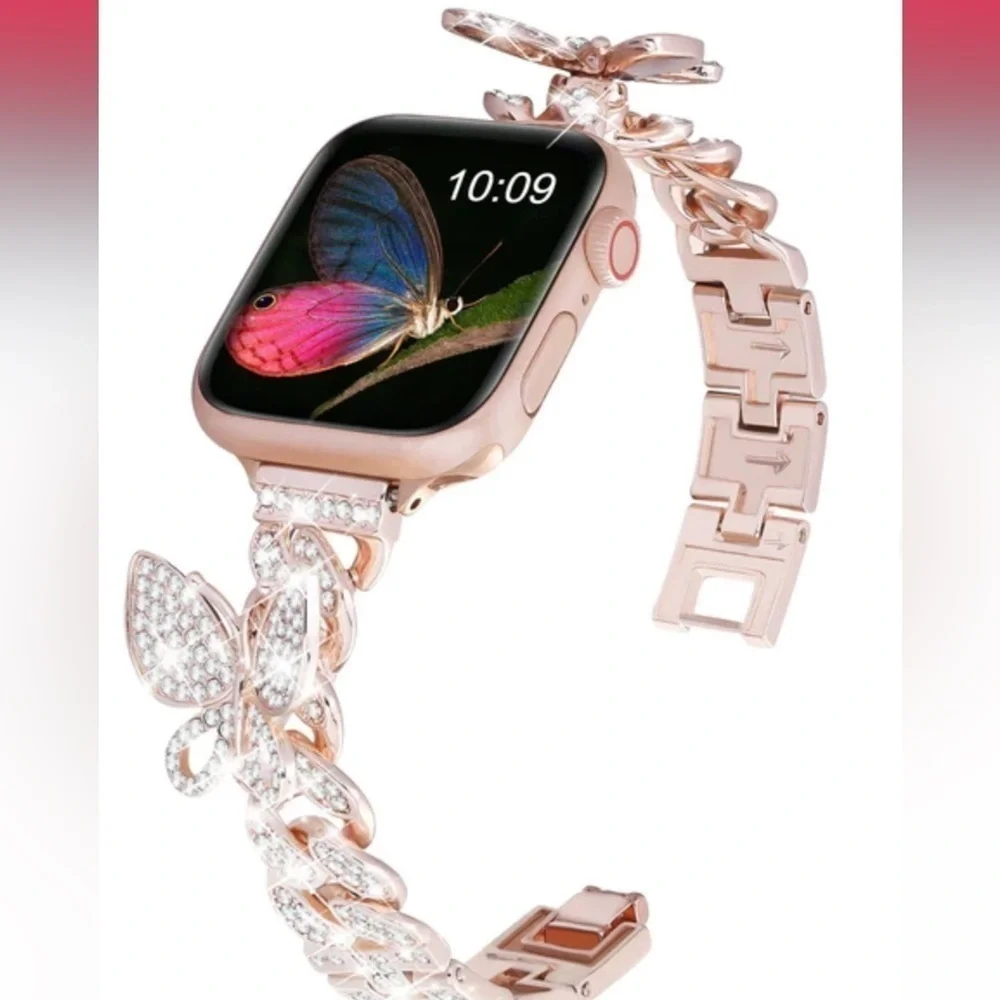 Apple Watch Metal Band in Twirl Butterfly with Bling Rhinestone in Rose Gold